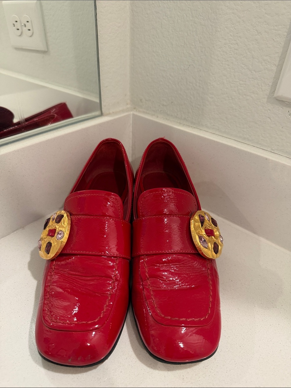 Prada Red Patent Leather Loafers with Gold Medallion - Picture 2 of 8
